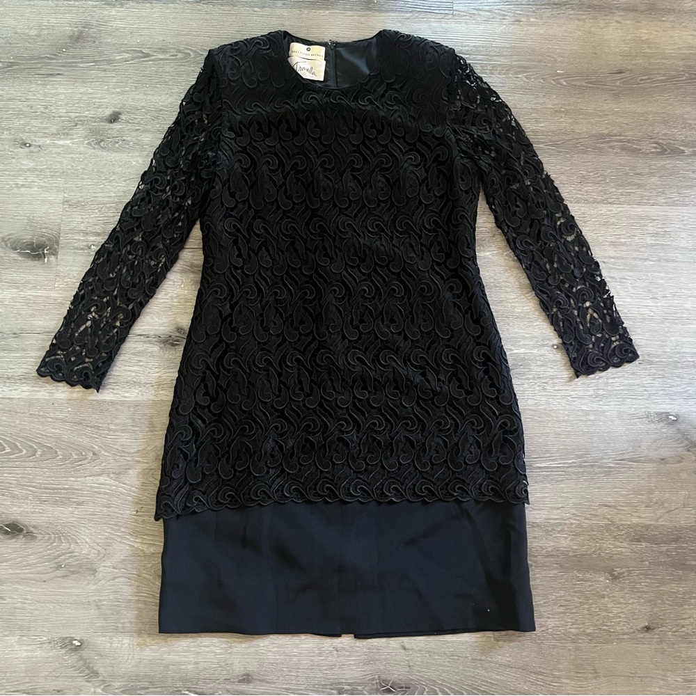 RARE Vintage Saks Fifth Avenue Travilla Black Lace Long Sleeve Midi Dress Sz 16